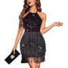 Halter Cocktail Dresses Flapper Dresses 1920s Gatsby with All-Over Fringe Mini Dresses Prom Party Dress(C-black)
