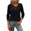Knitted Top with Long Sleeves and Button Design, Solid Color V-Neck for Women(Black)
