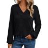 Long-Sleeve V-Neck Ribbed Brushed Knit Base Layer Sweatshirt Casual Pullover Top for Fall/Winter(Black)