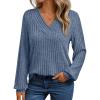 Long-Sleeve V-Neck Ribbed Brushed Knit Base Layer Sweatshirt Casual Pullover Top for Fall/Winter(Blue)