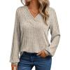 Long-Sleeve V-Neck Ribbed Brushed Knit Base Layer Sweatshirt Casual Pullover Top for Fall/Winter(Coffee)