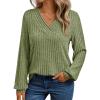 Long-Sleeve V-Neck Ribbed Brushed Knit Base Layer Sweatshirt Casual Pullover Top for Fall/Winter(Green)