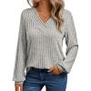 Long-Sleeve V-Neck Ribbed Brushed Knit Base Layer Sweatshirt Casual Pullover Top for Fall/Winter(Grey)