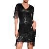 Midi Cap Sleeve Flapper Dress with Sequin Vintage Fringe Dress Roaring 20s Sequins Beaded Dress(Black)