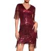 Midi Cap Sleeve Flapper Dress with Sequin Vintage Fringe Dress Roaring 20s Sequins Beaded Dress(Wine)