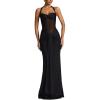 Off-Shoulder Tie-Neck Maxi Dress with Tulle Panel and Flowing Sash(Black)