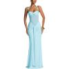 Off-Shoulder Tie-Neck Maxi Dress with Tulle Panel and Flowing Sash(Blue)