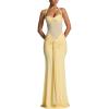 Off-Shoulder Tie-Neck Maxi Dress with Tulle Panel and Flowing Sash(Yellow)