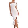 One Shoulder Ruffle Formal Dress Evening Party Elegant Midi Bodycon Wedding Party Dress(White)