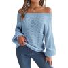 Openwork Off-The-Shoulder Sweater with Bell Sleeves Instagram-Worthy Casual Fall/Winter Style(Blue)
