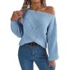 Openwork Off-The-Shoulder Sweater with Lantern Sleeves for Fall/Winter Casual Wear(Blue)