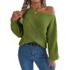 Openwork Off-The-Shoulder Sweater with Lantern Sleeves for Fall/Winter Casual Wear(Green)