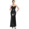 Sequin Maxi Dress Plunge Luminous Noir Premium Black Evening Party Fishtail Gown(Black-e)