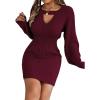 Twisted Lace-Up LanternD Sleeve Knit Dress Fitted Waist Hot Girl V-Neck Bodycon Dress(Wine)