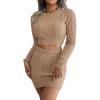 Twisted-Cable Crop Top & Fitted Dress Knit Set Long-Sleeve Short Dresses Casual(Khaki)