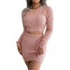 Twisted-Cable Crop Top & Fitted Dress Knit Set Long-Sleeve Short Dresses Casual(Pink)