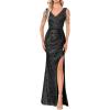Women 1920s Formal Dress Tassel Sleeve with Bead Sparkly Gatsby Sequin Dress V Neck Maxi Dress(N-black)