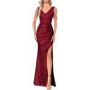 Women 1920s Formal Dress Tassel Sleeve with Bead Sparkly Gatsby Sequin Dress V Neck Maxi Dress(N-wine)