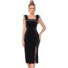 Women’s Feather Shoulder Strap Velvet Midi Dress Black Split Bodycon Cocktail Wedding Party Dress,S