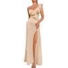 Womens One Shoulder Long Formal Dress Sleeveless Ruffle High Slit Maxi Bodycon Dress Ruched Wrap Split Wedding Guest Dresses(A-beige)