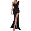 Womens One Shoulder Long Formal Dress Sleeveless Ruffle High Slit Maxi Bodycon Dress Ruched Wrap Split Wedding Guest Dresses(A-black)