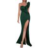 Womens One Shoulder Long Formal Dress Sleeveless Ruffle High Slit Maxi Bodycon Dress Ruched Wrap Split Wedding Guest Dresses(A-green)