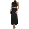 Women’s Satin 2pcs Sets Clubwear Evening Party Dress Summer Sleeveless Halter Crop Tops and Long Dress(A-black)