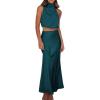 Women’s Satin 2pcs Sets Clubwear Evening Party Dress Summer Sleeveless Halter Crop Tops and Long Dress(A-lakeblue)