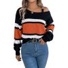 meilun Contrast-Striped Sweater with Bell Sleeves, Metal Buttons, and Off-Shoulder Design(Orange)