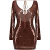 meilun Deep V Dress Sequin Dresses with Drawstring Long Sleeve Evening Dress for Women Short Gown(B-brown)
