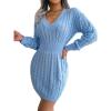 meilun Fitted Twist-Detail Pencil Skirt Dress V-Neck Fitted Casual Dress Fall/Winter(Blue)
