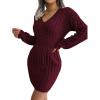 meilun Fitted Twist-Detail Pencil Skirt Dress V-Neck Fitted Casual Dress Fall/Winter(Wine)