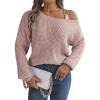meilun Off Shoulder Bell Sleeve Pullover Sweater with Metal Buckles Daily(Pink)