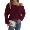 meilun Off Shoulder Bell Sleeve Pullover Sweater with Metal Buckles Daily(Red)