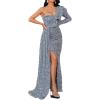 meilun One Shoulder Long Sleeve Sequin Dress for Women Ruffle Formal Evening Gowns Sparkly Maxi Dress(A-grey)