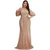meilun Plus Size Evening Gown Sequin-Embellished Elegant V-Neck Mid-Length Sleeve Banquet Dress(Beige)