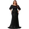 meilun Plus Size Evening Gown Sequin-Embellished Elegant V-Neck Mid-Length Sleeve Banquet Dress(Black)