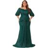 meilun Plus Size Evening Gown Sequin-Embellished Elegant V-Neck Mid-Length Sleeve Banquet Dress(Green)