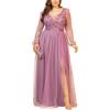 meilun Plus Size Mesh Maxi Dress Long Sleeve Beaded Mesh Splicing Model Evening Dresses(Pink)