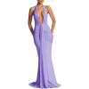 meilun Rosetta Maxi Dress Hanging Neck Deep V Waist Long Backless Fluttering Fishtail Dresses(Purple)