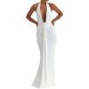 meilun Rosetta Maxi Dress Hanging Neck Deep V Waist Long Backless Fluttering Fishtail Dresses(White)