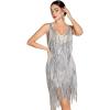 meilun Sequin Fringe Mini Dress Silver Slightly Sheer V-Neck Sleeveless Party Dresses(Silver)