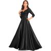 meilun Sequin V- Neck Long Sleeve Dress Satin Fitted Full-Skirted Gown Banquet Evening Dress(Black)