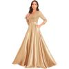 meilun Sequin V- Neck Long Sleeve Dress Satin Fitted Full-Skirted Gown Banquet Evening Dress(Champagne)