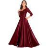 meilun Sequin V- Neck Long Sleeve Dress Satin Fitted Full-Skirted Gown Banquet Evening Dress(Wine)