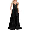meilun Sleeveless V-Neck with Mesh Formal Long Dress Lace-up Backless Sequin Evening Gowns Wedding Guest Dress(A-black)
