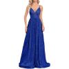 meilun Sleeveless V-Neck with Mesh Formal Long Dress Lace-up Backless Sequin Evening Gowns Wedding Guest Dress(A-blue)