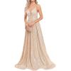 meilun Sleeveless V-Neck with Mesh Formal Long Dress Lace-up Backless Sequin Evening Gowns Wedding Guest Dress(A-champagne)
