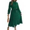 meilun Stand-up Collar Long-Sleeve Midi Dress with Tie-Waist and Pleats Versatile Casual Dress(Green)