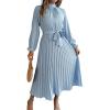 meilun Stand-up Collar Long-Sleeve Midi Dress with Tie-Waist and Pleats Versatile Casual Dress(Iceblue)